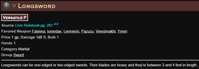 A screenshot of the Longsword stat block from the Archives of Nethys website.